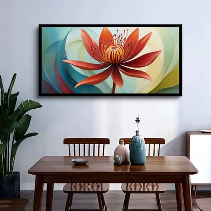 Luminary Scarlet Reverie – Expressive Red Lotus Museum-Quality Cotton Canvas Painting for Elegant Home Spaces | Frame Size (127 X 69 Cm) | Frame Type (Black) | 5-Year Warranty