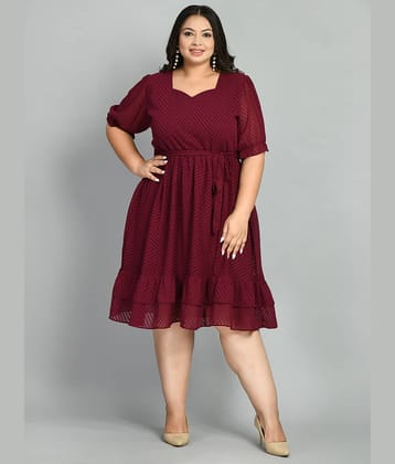 PrettyPlus by Desinoor.com Women Georgette Self Design Fit & Flare Dress ( Wine )