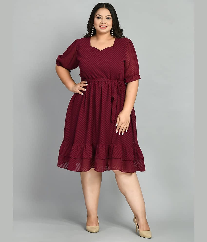 PrettyPlus by Desinoor.com Women Georgette Self Design Fit & Flare Dress ( Wine )