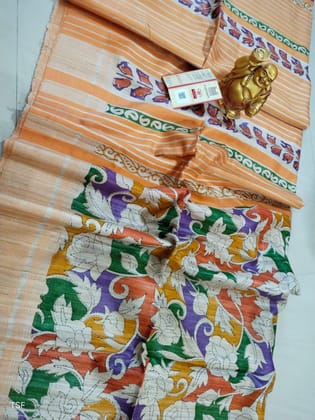 Silkmark Tussar Adorable Blockprint Orange & Green Saree