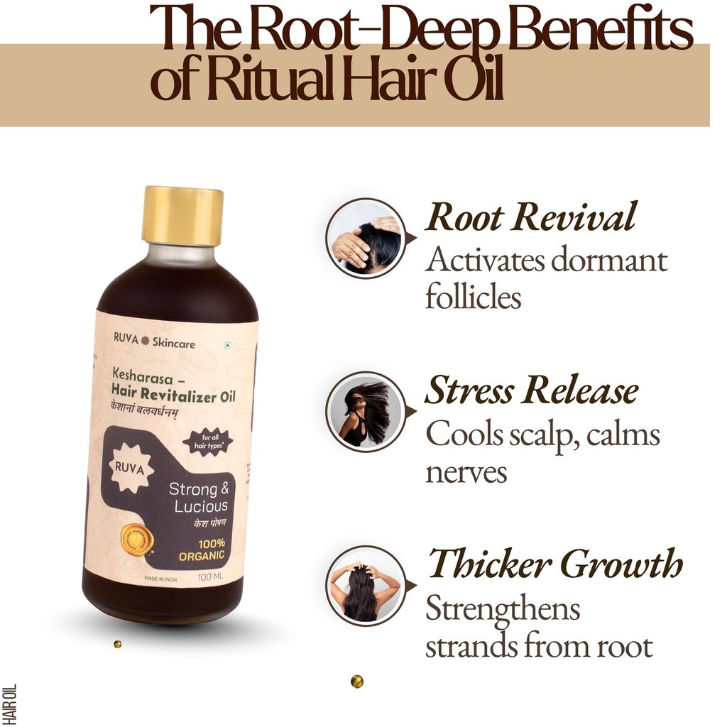 RUVA Organic Hair Revitalizer Ayurvedic Oil with Cold-Pressed Sesame Oil, Bhringraj & Amla | Strengthens Roots, Shine, Natural Haircare | For All Hair Types - Men & Women | 100ml