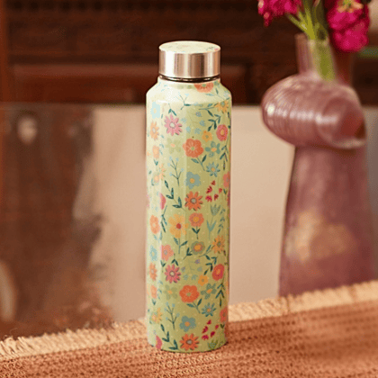 Floral Print Handcrafted Eco-Friendly Meenakari Steel Bottle(1L)-Green Floral