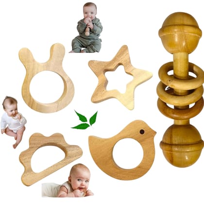Natural Neem Wood Baby Teething Toys Set, 5 Pieces, Star Bird Cloud and Cat Shapes with Rattle Toys Natural Neem Wood Baby Teething Toys Set, 5 Pieces, Star Bird Cloud and Cat Shapes with Rattle Toys