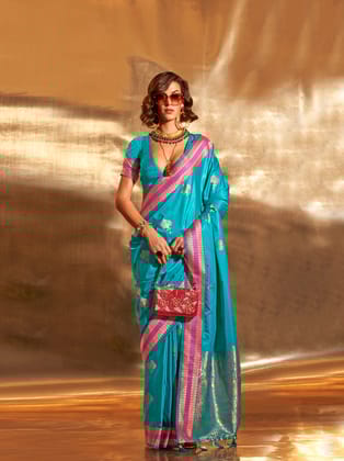 Sky Blue Pure Satin Banarasi Weaving Silk Saree