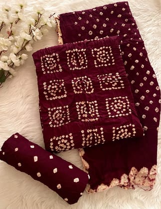 Cotton Satin Square Panel Bandhani Dress Material (Unstitched)-Maroon