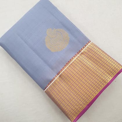 Kanchipuram Pure Silk Saree Ananda Gray And Pink With Zari Woven Buttas And Long Zari Woven Kanchi Border
