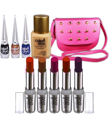 Color Diva Lipstick, Foundation, Bag & Liquid Eyeliner Multicolor Pack of 10 100