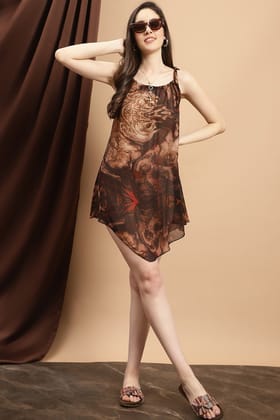 Brown Color Abstract Printed Georgette Swimwear For Women-s