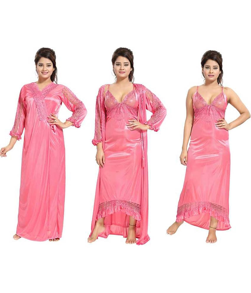Gutthi Satin Nighty & Night Gowns - Peach Pack of 2
