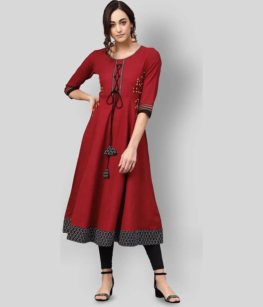 Yash Gallery Pack of 1 Cotton Embroidered Flared Women's Kurti - ( Maroon )