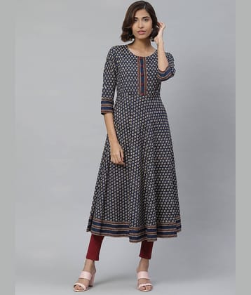 Yash Gallery Pack of 1 Cotton Printed Flared Women's Kurti - ( Blue )