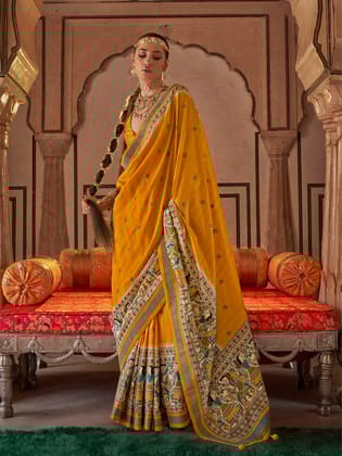 Mustard Soft Silk Baluchari Printed Saree