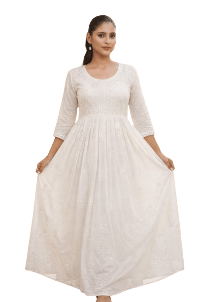 Mrs Right White Hand Chikankari Embroidered Ankle Length Dobby Cotton Gown for Women | Lucknowi Thread Work Ethnic Dress