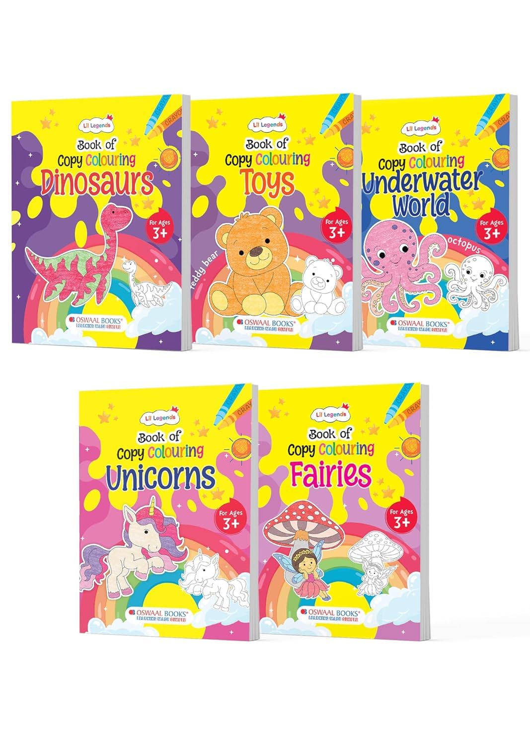 Oswaal Lil Legends Magical & Imaginary Worlds – Set of 5 Copy Colouring Books for Kids 2–5 Years | Dinosaurs, Unicorns, Toys, Fairies & Underwater Fun | Creative Play & Motor Skills