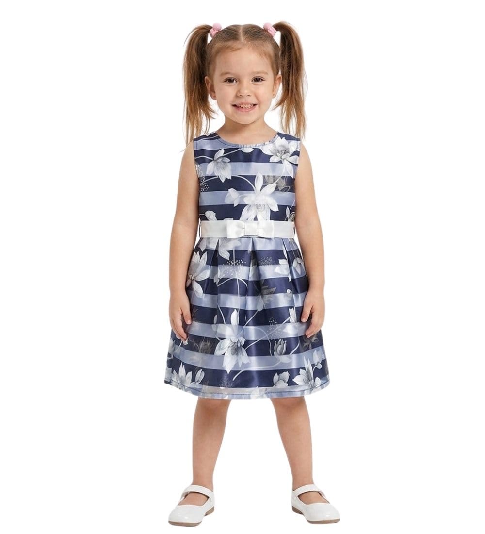 Girl's Polyester Striped Sleeveless Dress (Navy Blue, 3-4-Yrs)-PID66014