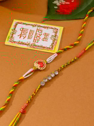 NVR Men Set of 2 Religious Designer Multicolor Artificial Stones Thread Rakhi with Roli Chawal Chandan & Mishri-One Size / Multicolor