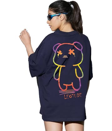 Leotude Women Cotton Blend Printed Oversized Fit Round Neck T-Shirt ( Blue )