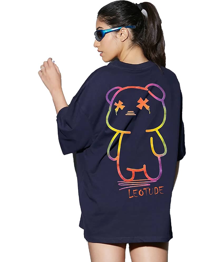 Leotude Women Cotton Blend Printed Oversized Fit Round Neck T-Shirt ( Blue )