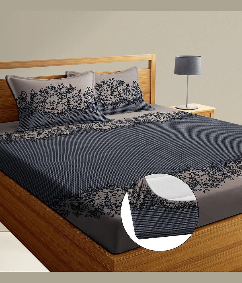 YKNIP Cotton Floral Printed Fitted 1 Bedsheet with 2 Pillow Covers ( King Size ) - Brown