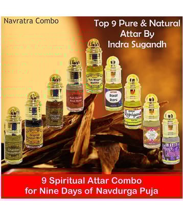 INDRA SUGANDH BHANDAR- Navratna Combo Chandan Kasturi Oudh Gulab Mogra Raatrani Rajnigandha Kamal Lavender Attar, 3ml Each Pack Of 9