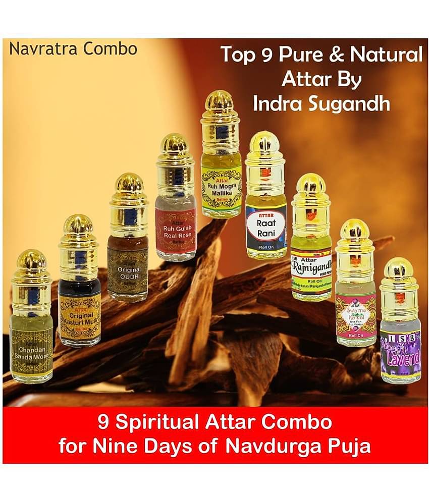 INDRA SUGANDH BHANDAR- Navratna Combo Chandan Kasturi Oudh Gulab Mogra Raatrani Rajnigandha Kamal Lavender Attar, 3ml Each Pack Of 9