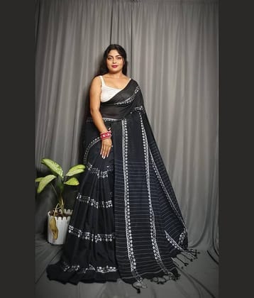 SARADA HANDLOOM Cotton Striped Saree With Unstitched Blouse Piece ( Black )
