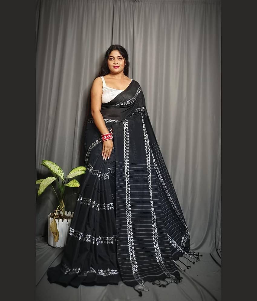 SARADA HANDLOOM Cotton Striped Saree With Unstitched Blouse Piece ( Black )