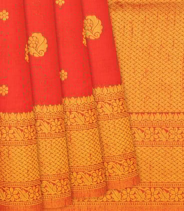 Red Woven Blended Dupion Saree With Flower Motifs-Red-Red