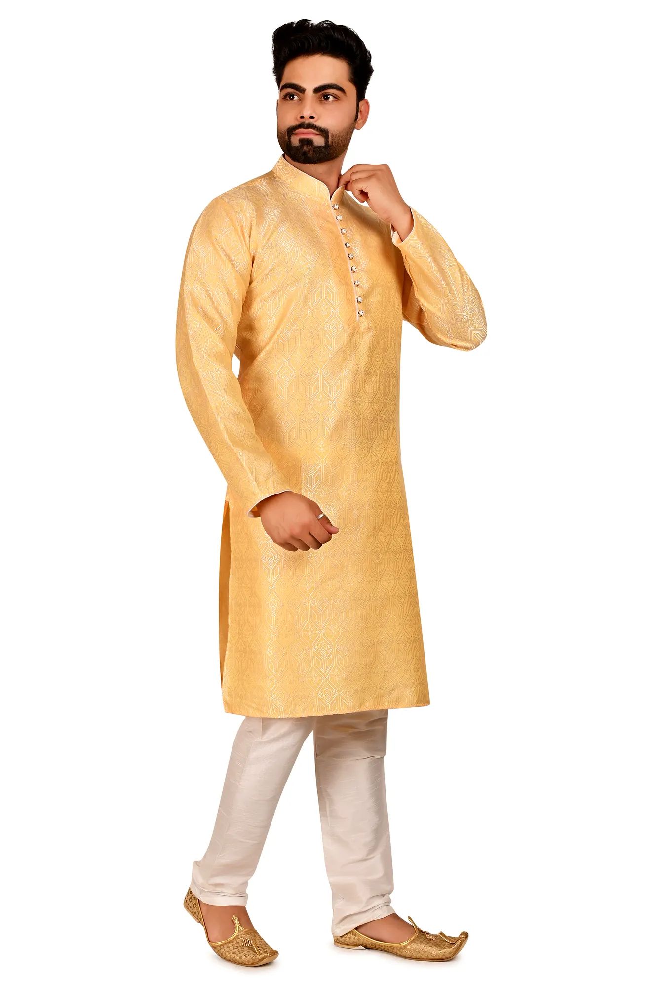 Jacquard Loop Buttoned Silk Kurta Set For Men (Color - Yellow, Size - 36) by G P International