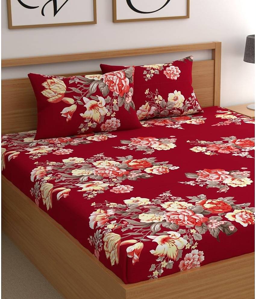 CG HOMES Cotton 1 Double Bedsheet with 2 Pillow Covers ( Red )