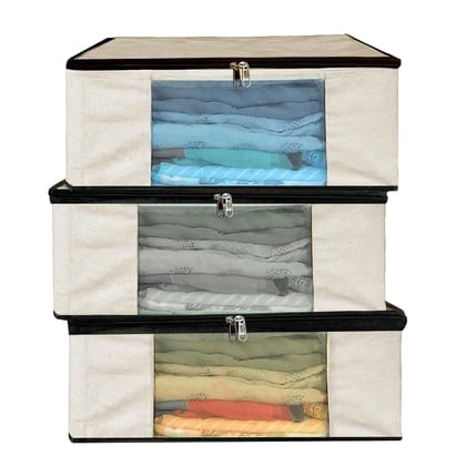 Storite 3 Pack Cotton Canvas Clothes Storage Bags/Saree Covers with Zip for Storage Specially Design for Woman Dresses, Sarees, Lehengas for Wardrobe Organizer (42.2cm x 36cm x 20cm)