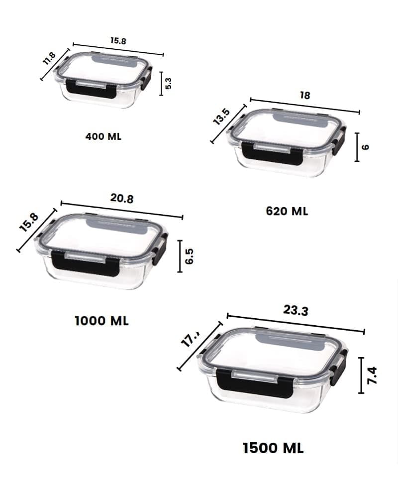 Femora Borosilicate Rectangle Microwave Oven Safe Glass Container with Dectahable & Break Free Lid, Black Color, 400,620,1000,1520ML