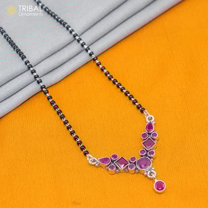 925 sterling silver black beads and red cut stone mangal sutra necklace brides Mangalsutra chunky necklace ms94-16