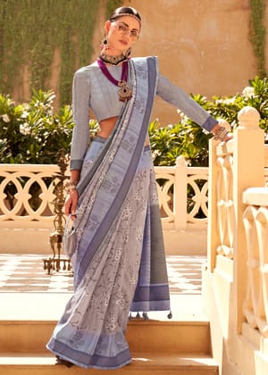 Silver Grey Printed Raw Silk Saree