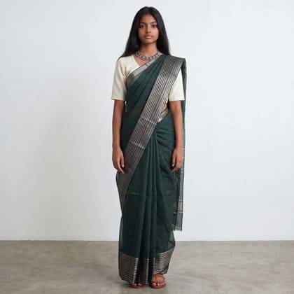 Mangalgiri Bottle Green Silk Cotton Saree Temple Border Mangalgiri Bottle Green Silk Cotton Saree Temple Border