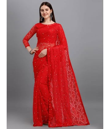 VANRAJ CREATION Net Self Design Saree With Unstitched Blouse Piece ( Red )