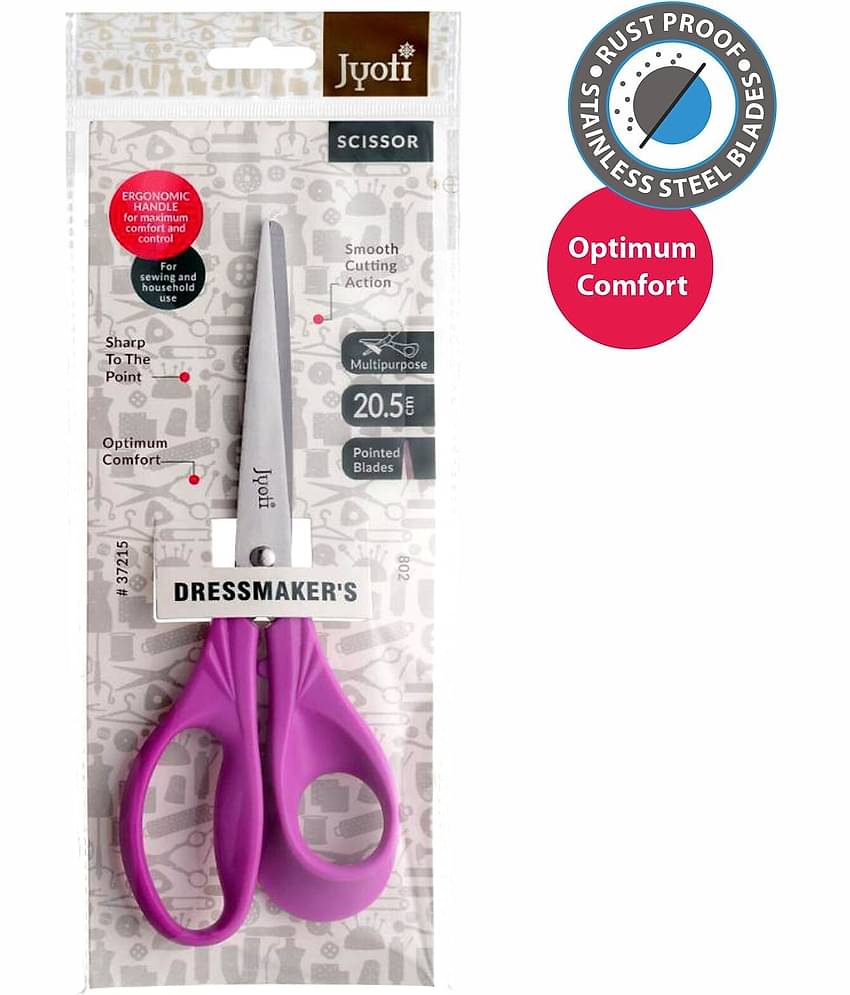 Jyoti Scissor for Dressmaker's Use - 802 (8 Inch) Stainless Steel Blades with Plastic Handle, Pointed Blades - Pack of 1