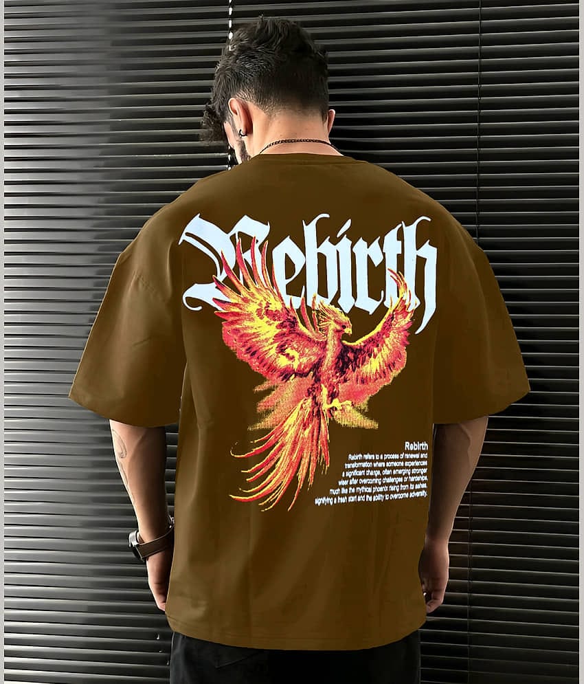 LEWEL Cotton Blend Oversized Fit Printed Half Sleeves Men's Round T-Shirt - Brown ( Pack of 1 )