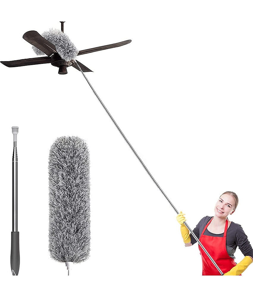 Microfiber Long Feather Duster- Bendable & Detachable Fan Cleaning Duster with 100 inches Expandable Pole Handle, Washable, Stainless Steel Handle for Ceiling, Wall, Window Blinds, Furniture