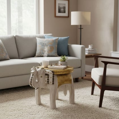BAANMATA INTERNATIONAL Handicraft Elephant Coffee-Table,Brass Embossed Wooden Cocktail-Table Cum Bedside Table,Home Living Showpiece Lamp-Table