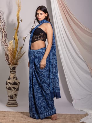 Handmade Block Print Cotton Mulmul Saree with Warli Design