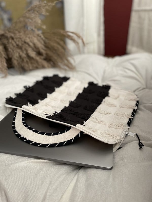 KRI India Black Or White Distressed Laptop Cover|15 inches | Black & White | Wash & Care | 100% Cotton | Handcrafted in India. 100% organic & natural.