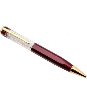 Srpc White Crystal Diamond Maroon Metal Body Ballpoint Pen With Golden Trims & Blue Refill