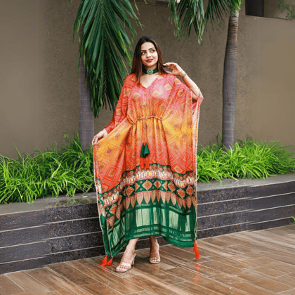 Sunshine Color with Orange Latkan Kaftan Design by GlamaStitch-Free Size Up To XXL-44