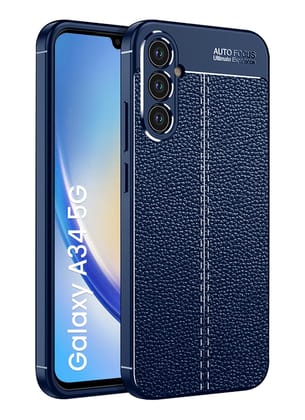 Vegan Leather Rugged Flexible TPU Series Shockproof Armor Back Cover for Samsung Galaxy A34 5G, 6.6 inch, Blue