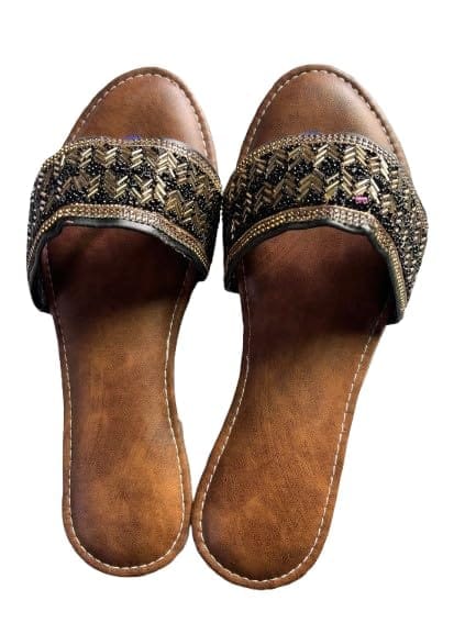 TULIP Traditional Artisians' Upliftment Livelihood Program Jaipuri chappal Women's Ethnic Slip-on Sandals with Mirror Work Embellishment, Black and Brown, Open Toe, Flat Heel, Cushioned Insole