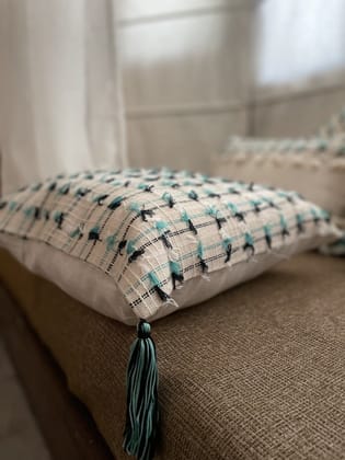 KRI India Distressed AquaBlue & White with tassels 16x16" | Wash & Care | 100% Cotton | Handcrafted in India. 100% organic & natural.