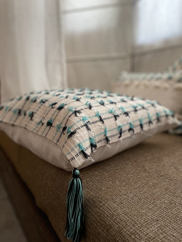 KRI India Distressed AquaBlue & White with tassels 16x16" | Wash & Care | 100% Cotton | Handcrafted in India. 100% organic & natural.