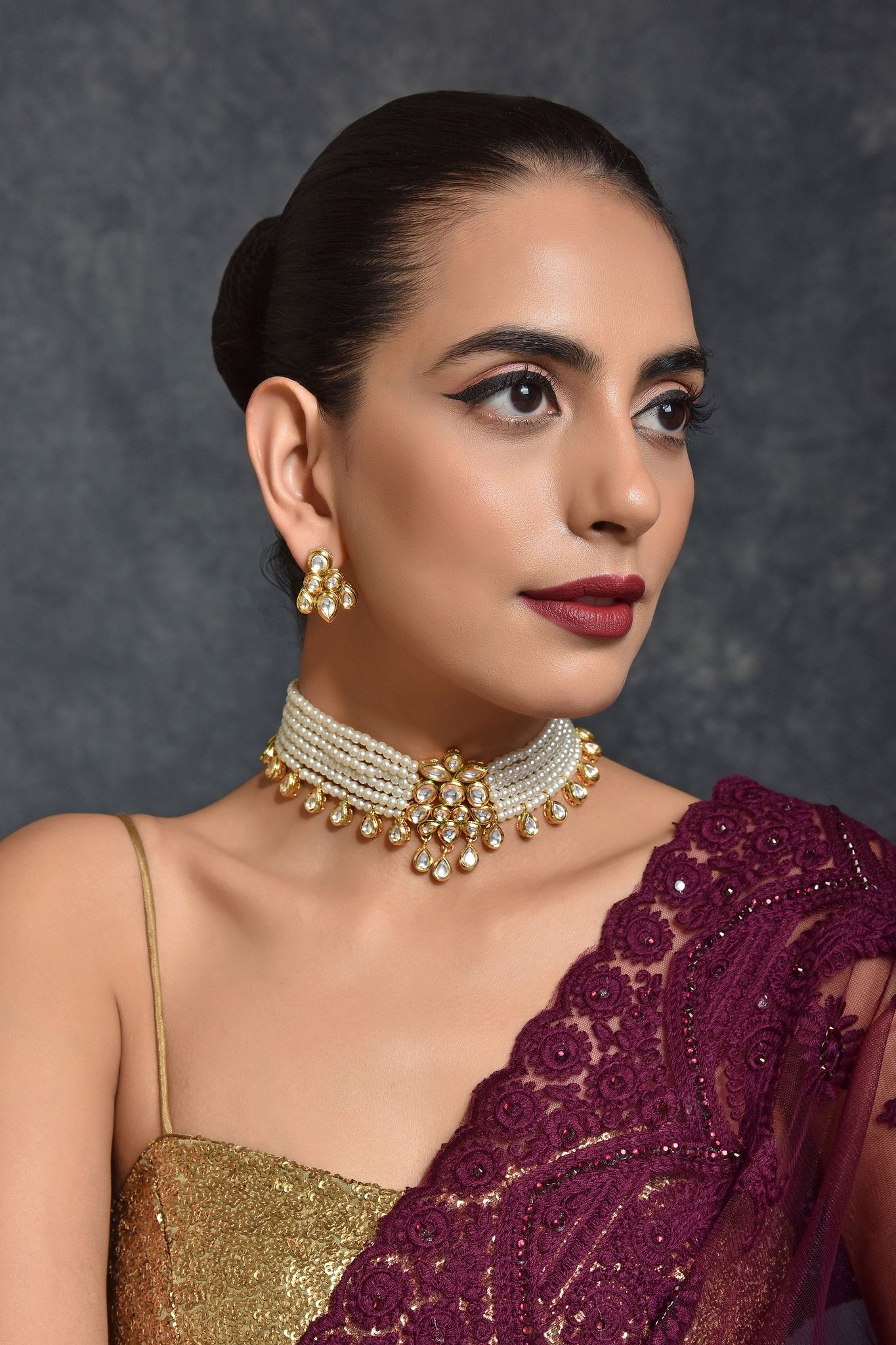 Nidra White Gold Plated Kundan Choker Necklace Set-Kundan