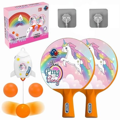 Hanging Table Tennis Self Trainer Portable Ping Pong Set for Kids & Adults-2 Racket, 2 Balls, 2 Hooks and 2 Unicorn Racket in Box